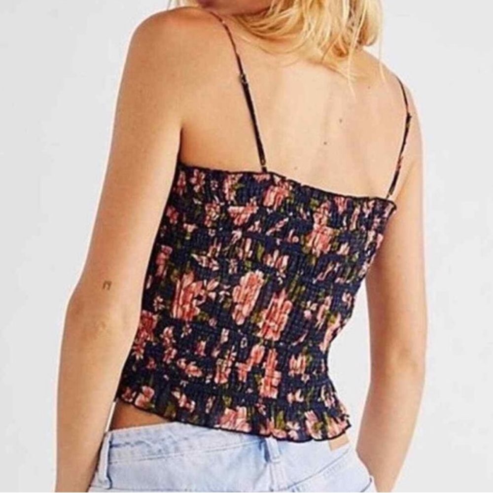 FREE PEOPLE Floral Print Smocked Women's Cropped Corset Black Red Polka Dot Sz S - Picture 2 of 8